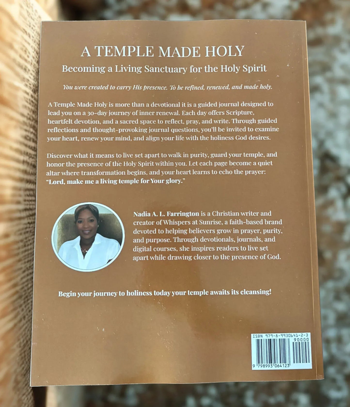 Back cover of 'A Temple Made Holy' devotional journal by Nadia A. L. Farrington, featuring 30-day spiritual renewal guide for faith growth.