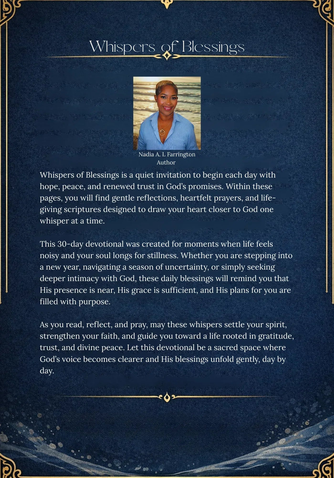 Whispers of Blessings devotional by Nadia A. L Farrington for daily spiritual growth and peace