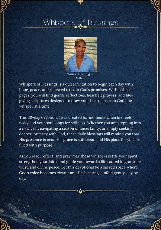 Whispers of Blessings devotional by Nadia A. L Farrington for daily spiritual growth and peace