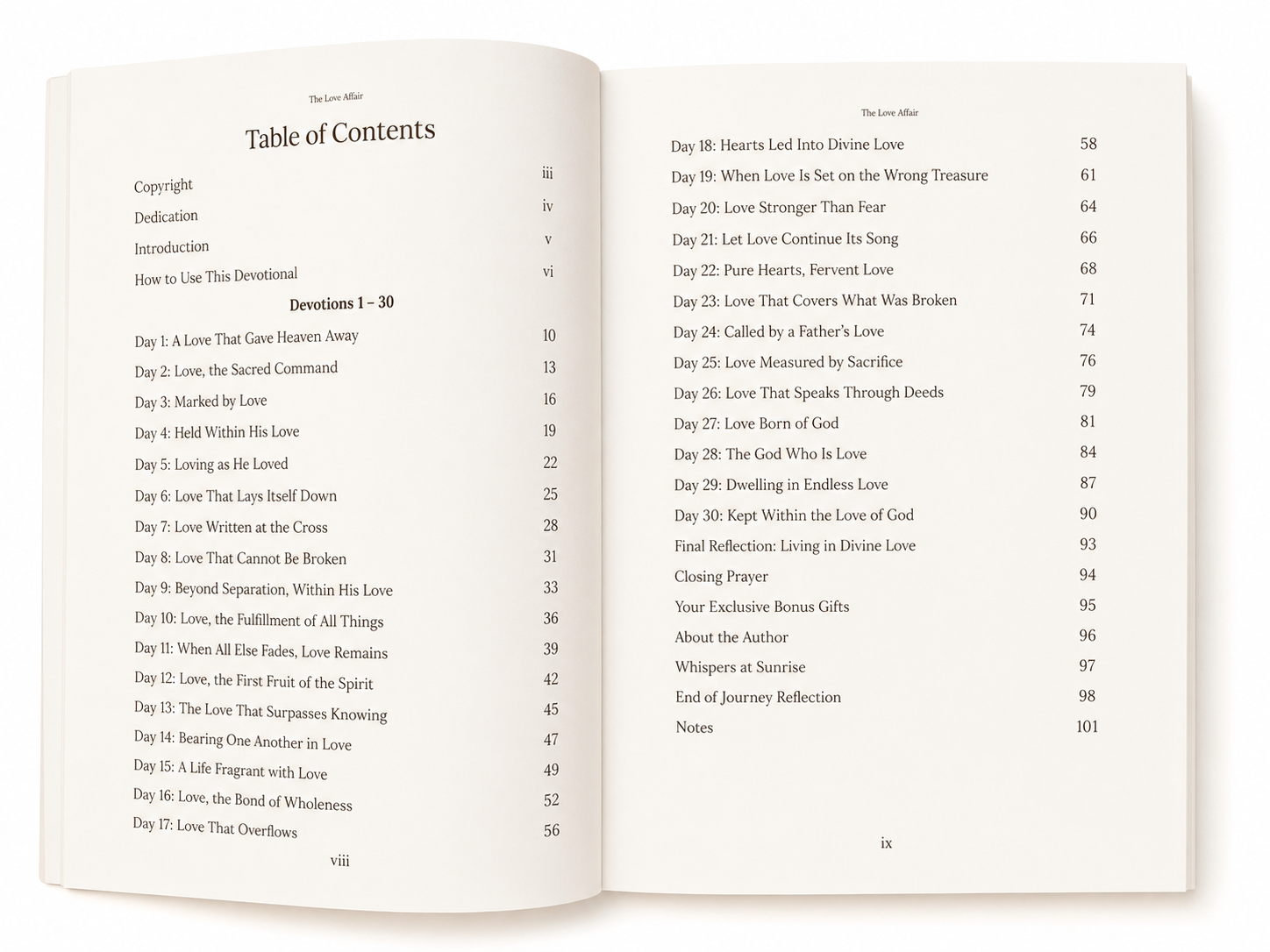 The Love Affair Table of Contents 